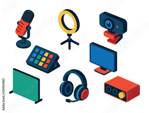 Isometric flat vector set of icons of streaming gear: streaming mic, ring light, webcam, stream deck, monitor, green screen, headphone, interface. . , icons isolated transparent background.