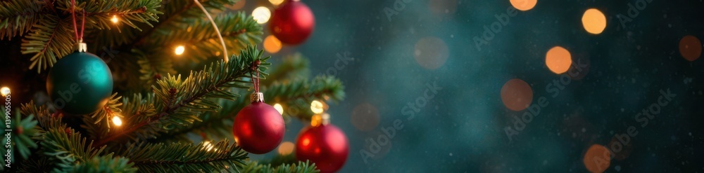 Christmas tree with ornaments and lights hanging from branches, festive, tree, winter Christmas tree with ornaments and lights hanging from branches, festive, tree, winter