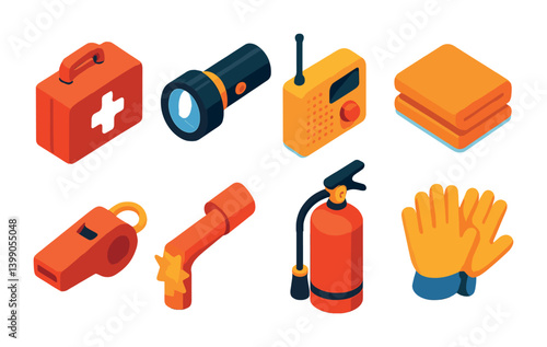 Isometric flat vector set of icons of survival gear: emergency blanket, fire starter, compass, water filter, whistle, multi-tool, paracord, flashlight. . , icons isolated transparent background.