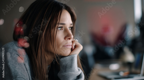Pensive young caucasian female in office setting with copyspace, concept of thoughtfulness for creative businesses, mental health awareness, life coaching