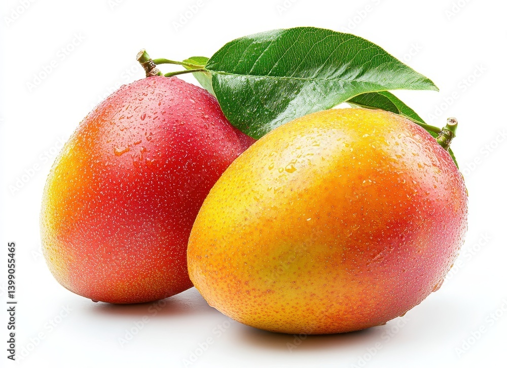 Fresh and Juicy Mangoes with Water Droplets on White Background, Showcasing Vibrant Colors and Natural Beauty for Healthy Snack Options Fresh and Juicy Mangoes with Water Droplets on White Background, Showcasing Vibrant Colors and Natural Beauty for Healthy Snack Options