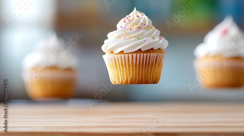 Suspended cupcake with white frosting and sprinkles