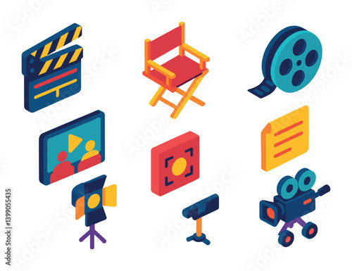 Isometric flat vector set of icons of cinematic shots: wide shot, medium shot, close-up, establishing shot, tracking shot, over-the-shoulder, POV shot, insert shot. . , icons isolated transparent