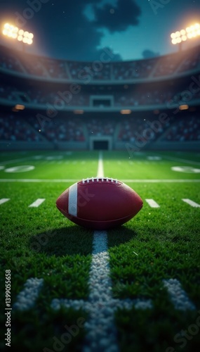 American football field with a glowing oval ball on the center of the gridiron, competition, football