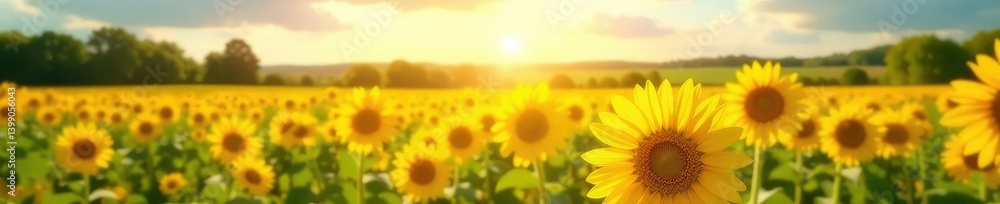 Obraz premium Sunlit field of bright yellow wildflowers swaying gently in spring breeze, open space, sunflower