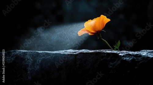 Single orange flower on dark stone