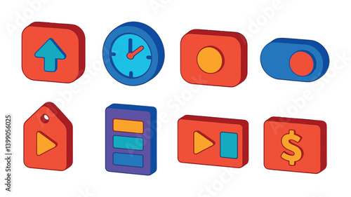 Isometric flat vector set of icons of video publishing: upload button, schedule icon, publish now, privacy toggle, video tag, category menu, thumbnail select, monetization icon. isolated transparent