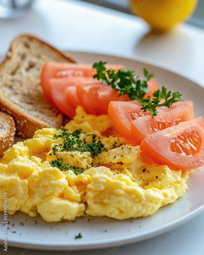 Delicious Scrambled Eggs with Toast and Fresh Tomato Slices Delicious Scrambled Eggs with Toast and Fresh Tomato Slices