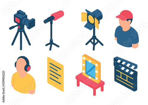 Isometric flat vector set of icons of camera types: DSLR, mirrorless, compact camera, action cam, instant camera, film camera, smartphone camera, webcam. isolated transparent background.