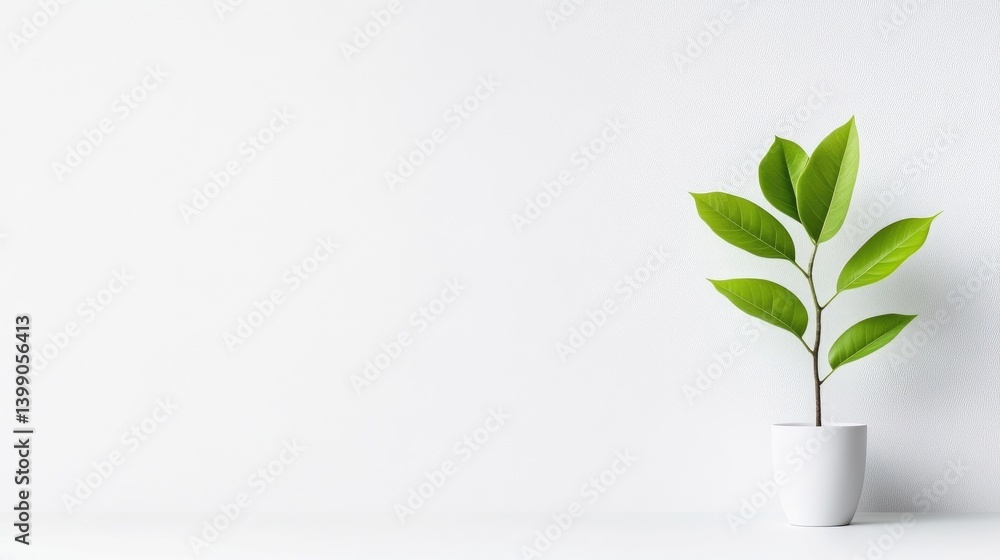 A small green plant growing in a white pot on a minimalist white background, showcasing simplicity and natural beauty, and indoor decor concept.