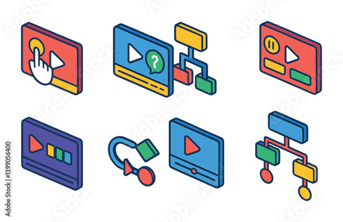 Isometric flat vector set of icons of interactive video: clickable hotspot, quiz in video, decision tree, pause and answer, interactive UI, video path icon, progress choice, scenario builder.