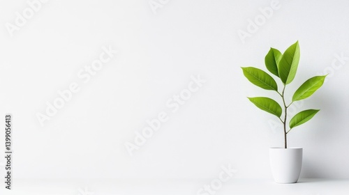 Obraz na płótnie A small green plant growing in a white pot on a minimalist white background, showcasing simplicity and natural beauty, and indoor decor concept. w salonie