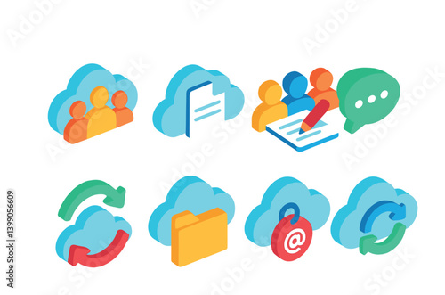 Isometric flat vector set of icons of cloud collaboration: team cloud, shared file, group editing, cloud comment, co-author icon, real-time sync, shared folder, mention tag. . , icons isolated