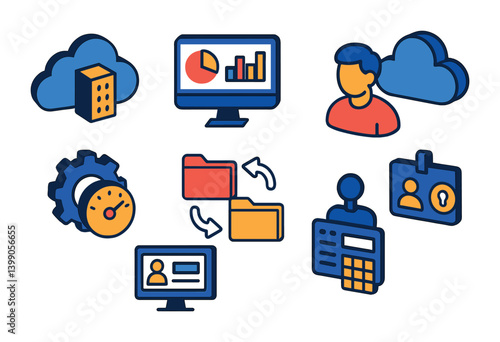 Isometric flat vector set of icons of hybrid cloud: private cloud, public cloud, hybrid icon, bridge icon, multi-cloud arrows, hybrid network, local node, enterprise link. isolated transparent