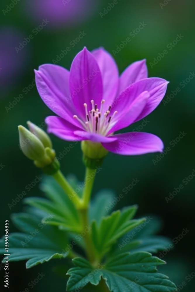 Close-up shot of vibrant purple flower petals and leaves on a green stem, spring bloom, botanical detail, leaf texture Close-up shot of vibrant purple flower petals and leaves on a green stem, spring bloom, botanical detail, leaf texture
