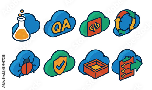 Cloud-based qa and development 3d icons set: testing, security, and deployment