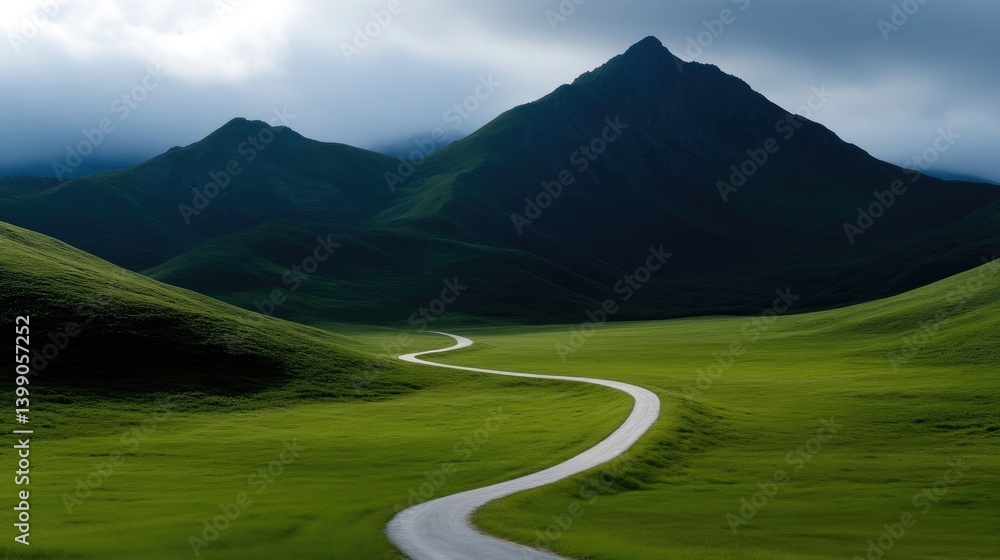 Winding road through lush valley, dramatic mountains