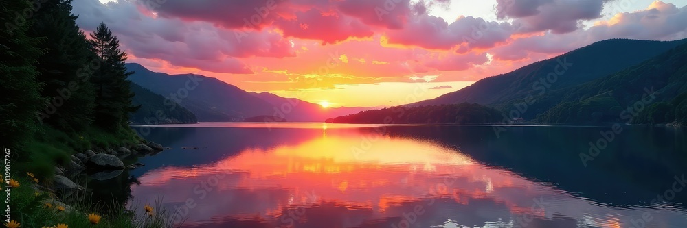 Fototapeta premium Sunset over a calm lake with trees and hills surrounding, tranquil, lake, water