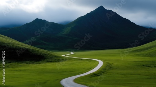 Obraz na płótnie Winding road through lush valley, dramatic mountains w salonie