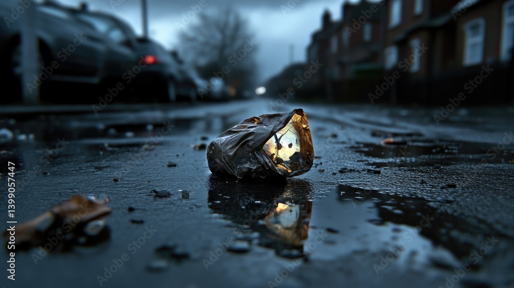 A discarded package, miniature world, reflecting in a puddle, urban street scene