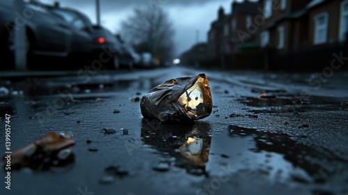 Obraz na płótnie A discarded package, miniature world, reflecting in a puddle, urban street scene w salonie