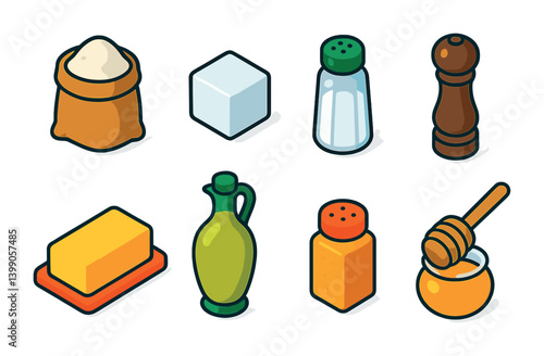 3d food ingredients icons set: sugar, salt, pepper, butter, oil, spice, honey