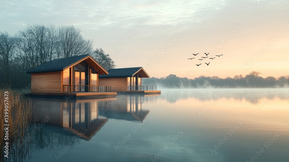 Serene Lakeside Cabins at Dawn with Soft Mist and Flying Birds Serene Lakeside Cabins at Dawn with Soft Mist and Flying Birds
