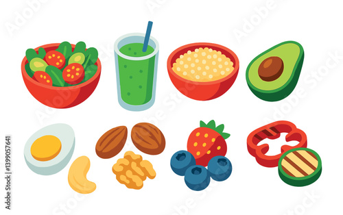 Isometric flat vector set of icons of healthy food: salad bowl, green smoothie, quinoa, avocado, boiled egg, nuts, berries, grilled veggies. isolated transparent background.