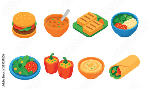 3d food icons set: burger, soup, wrap, more