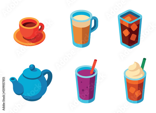 3d icon set of popular beverages: coffee, tea, smoothies, and more