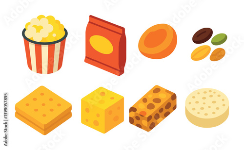 3d movie snacks icons set featuring popcorn, cheese, and dried fruits