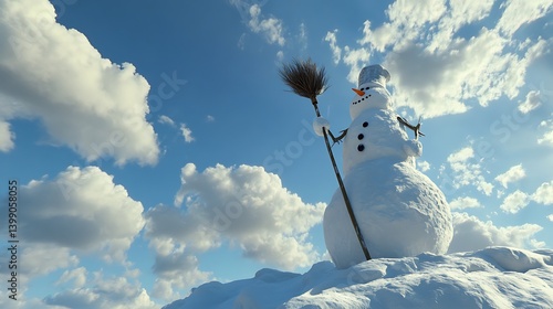A cheerful snowman with a broom standing against a backdrop of blue sky and fluffy white clouds on a snowy hilltop, embodying a festive winter atmosphere