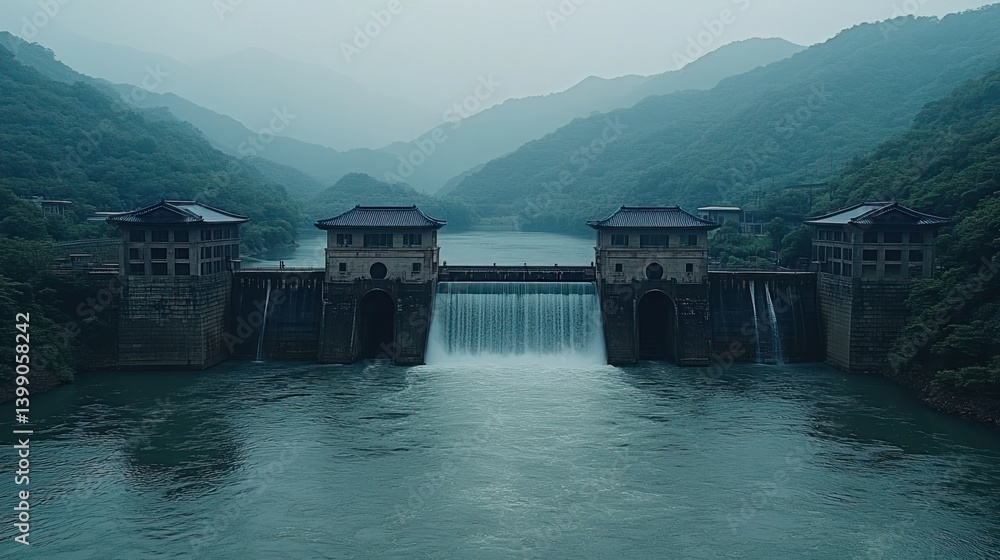 Majestic dam cascading over serene lake, surrounded by misty mountains Majestic dam cascading over serene lake, surrounded by misty mountains