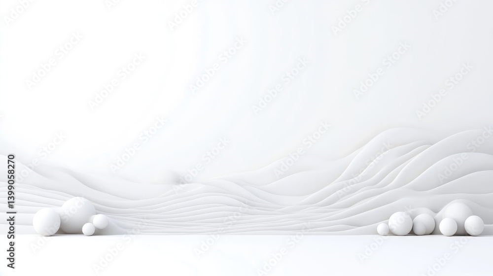 Minimalist white room with sculpted waves and spheres