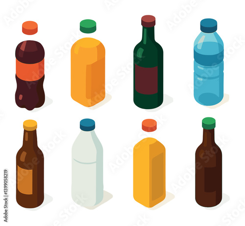 Colorful beverage bottles icon set in 3d isometric style