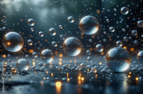 Wallpaper Mural Floating transparent spheres over a dark surface with blurry lights create a mysterious and dreamy atmosphere. Torontodigital.ca