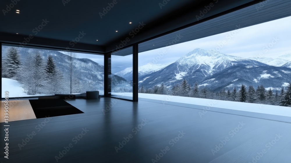 Modern mountain home interior with panoramic winter views. Spacious, dark interiors with large windows offering breathtaking views of snow-capped peaks and pine-covered slopes. Sleek,