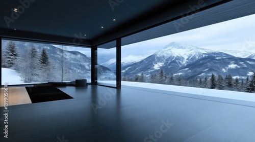 Obraz na płótnie Modern mountain home interior with panoramic winter views. Spacious, dark interiors with large windows offering breathtaking views of snow-capped peaks and pine-covered slopes. Sleek, w salonie