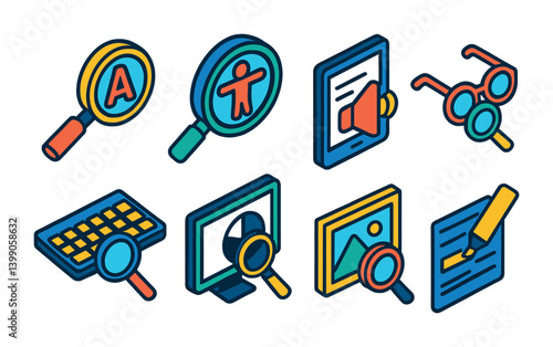 Isometric flat vector set of icons of zoom for accessibility: font magnify, accessibility zoom, screen reader area, visual assist, zoom with keyboard, high contrast zoom, icon enlarger, tool