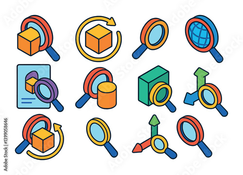 Isometric flat vector set of icons of zoom on 3D models: 3D object magnify, zoom camera orbit, zoom mesh, model inspector, object focus, zoom part, rotate and zoom, zoom XYZ. . , icons isolated