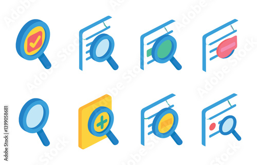 Isometric flat vector set of icons of parental control settings: time limit, blocked content, child profile, activity report, safe search, app control, PIN lock, bedtime mode. isolated transparent