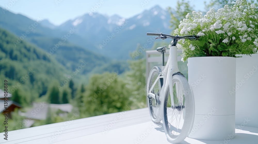 White bicycle on a balcony overlooking a mountain landscape
