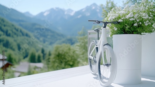 Obraz na płótnie White bicycle on a balcony overlooking a mountain landscape w salonie
