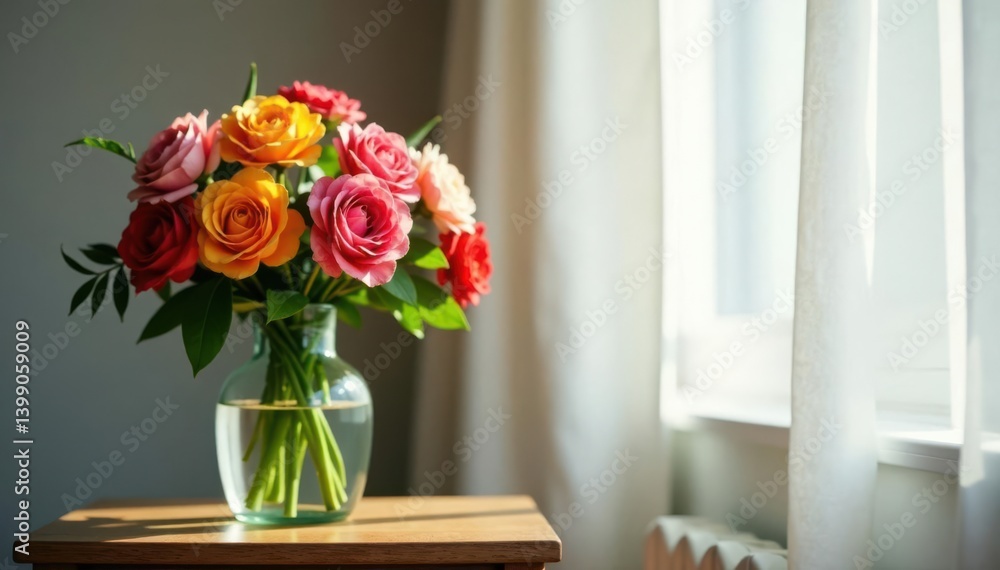 Fototapeta premium beautyful flower arrangement in bottle vase on nightstand, trendy bedroom, modern interior