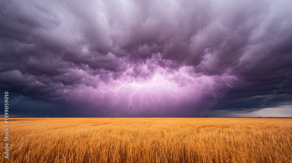 Vibrant lightning storm over golden wheat field in rural landscape of Kansas, USA with dramatic purple clouds and electric energy in nature power scene