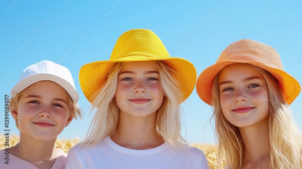 Three children, smiling and posing outdoors in a field