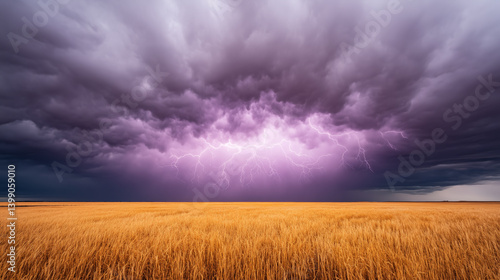 Obraz na płótnie Vibrant lightning storm over golden wheat field in rural landscape of Kansas, USA with dramatic purple clouds and electric energy in nature power scene w salonie