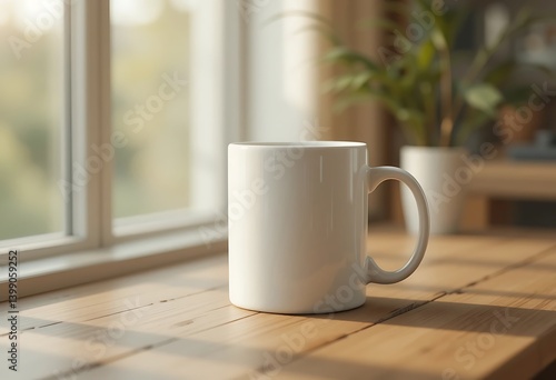 Blank White Coffee Mug on Wooden Windowsill