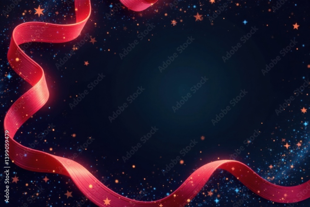 Obraz premium Black background with swirl ribbons and star-studded pattern, Christmas banners, starry patterns, decorative ribbons