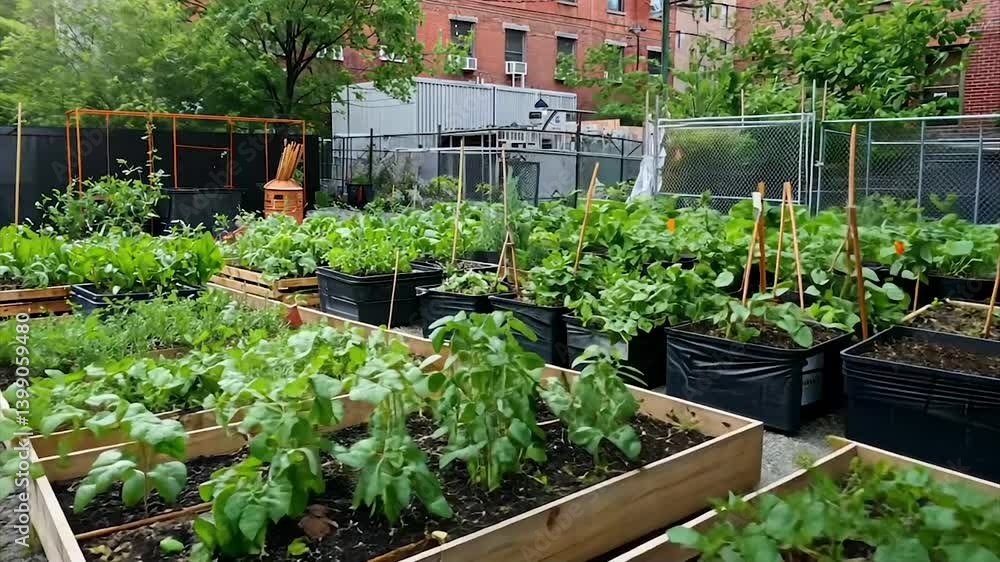 Lush community garden with various vegetables and herbs growing in raised beds Lush community garden with various vegetables and herbs growing in raised beds